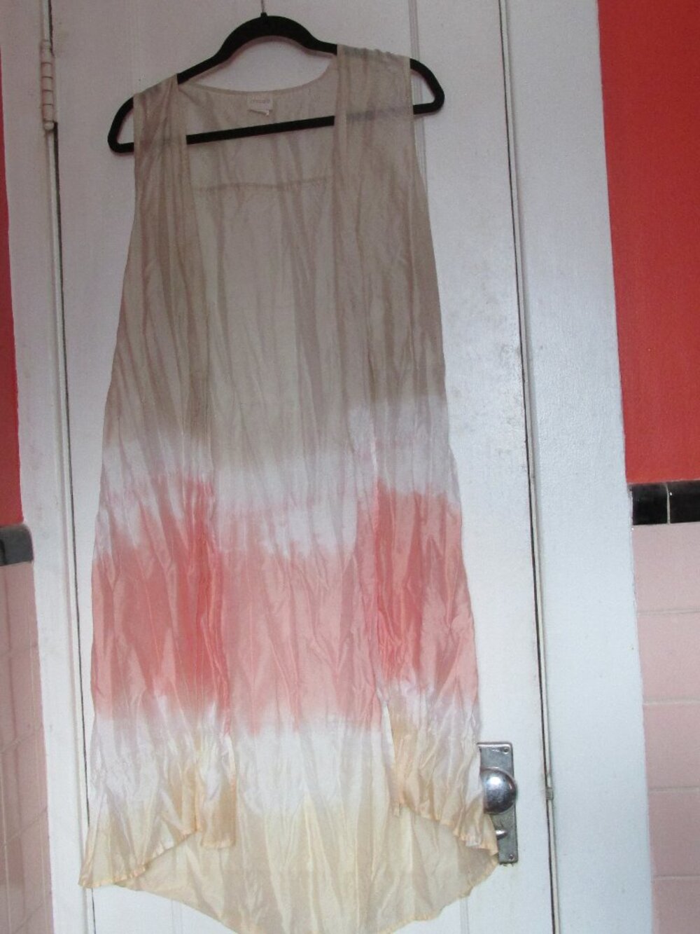 Chico’s Long Line Dramatic Tie Dye Large Sheer Crinkle Open Front Boho Peach Tan